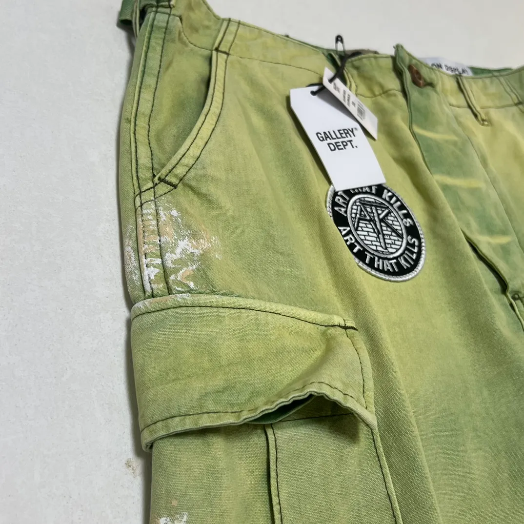 Super heavy duty! 10 embroidered stamps on full pants, one G leather stamp, GALLERY DEPT. KENZIE FATIGUE CARGO SHORTS, patch embroidered shorts, distressed splash-ink overalls, olive green size 30/32/34/36